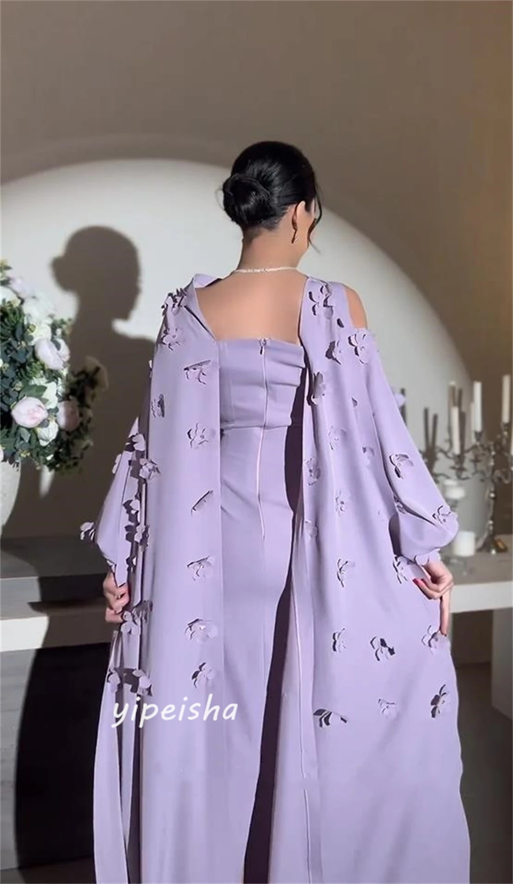 Jiayigong-Robe en Satin à Manches sulfet Col Rond pour Occasions sur Mesure, Fourreau Drapé à Fleurs