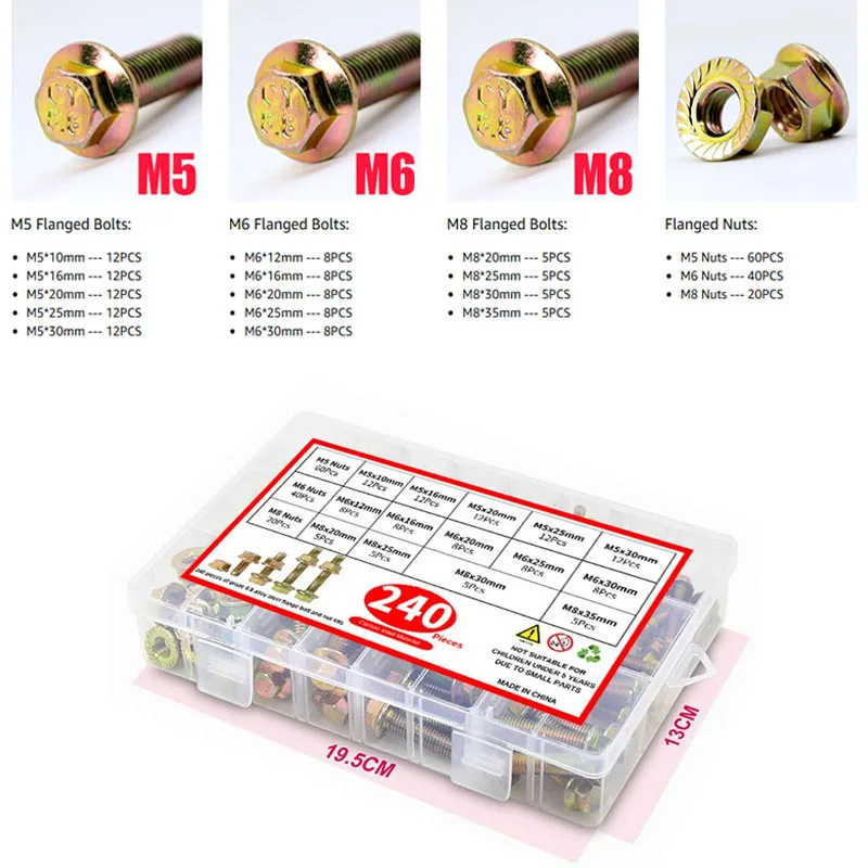 

M5 M6 M8 Flanged Bolts and Nuts Assortment Kit Grade 8.8 Metric Flanged Hex Screws Nuts 240PCS Includes 14 Sizes Carbon Steel