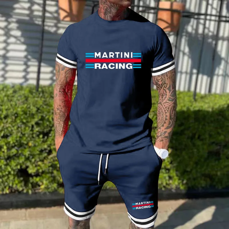 

Мужская Новая футболка с коротким рукавом и шорты Martini Racing с принтом, спортивная одежда из двух частей, летний Повседневный Спортивный костюм для фитнеса