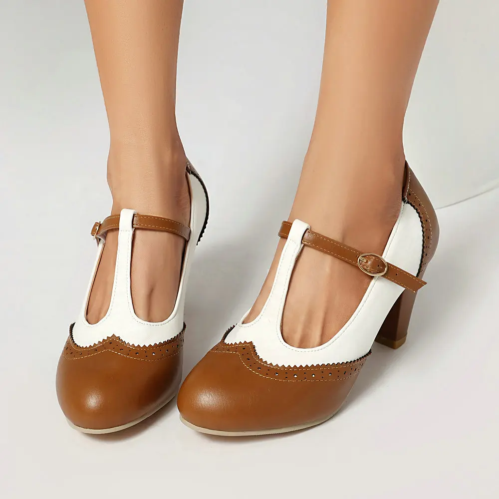 

Women Jane Shoes Pink Lolita T Strap Spike Heels Pumps Perforated Mixed Colours Spring Fall Round Toe Walk Wear