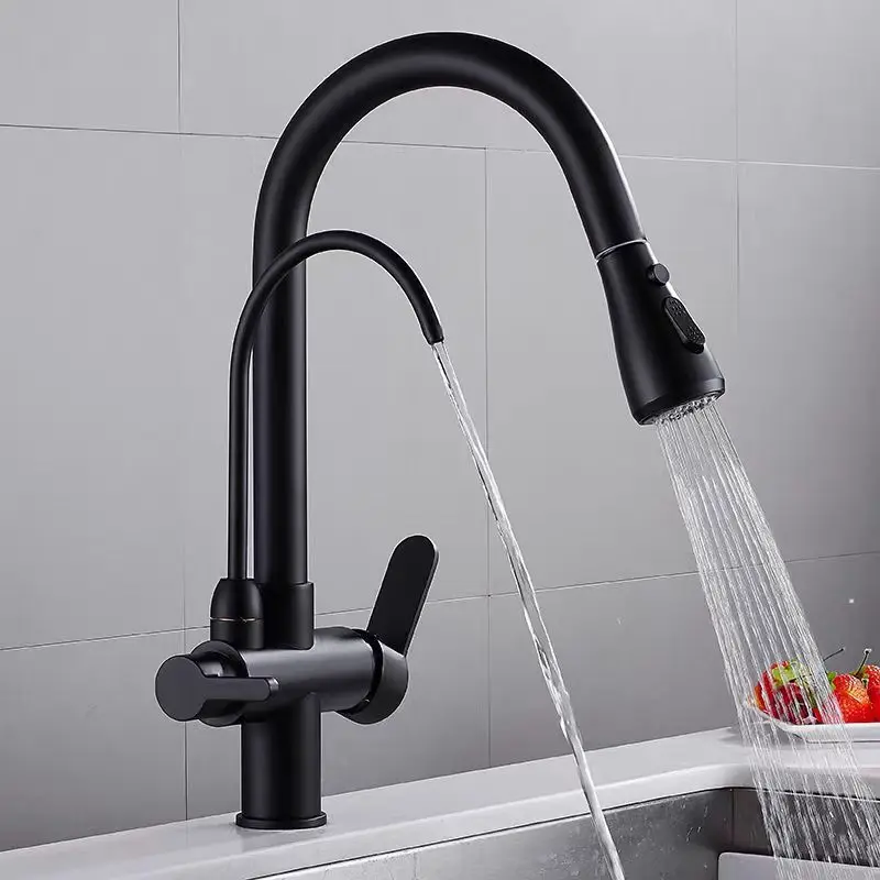 

Kitchen 3 in 1 faucet pull hot and cold water rotating telescopic sink wash basin direct drinking faucet