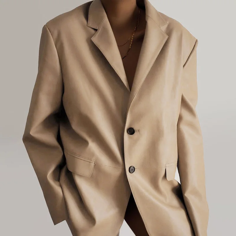 Veste en cuir PU pour femme, costume à simple boutonnage, veste de costume de qualité européenne Desinger, veste en cuir ample à un bouton, veste en cuir à manches longues