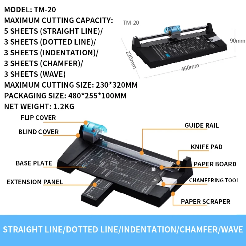 Paper Trimmer Linear TM-20 Double Sided Cutter Multifunctional Paper Cutter crop straight line dotted line wavy line Chamfer