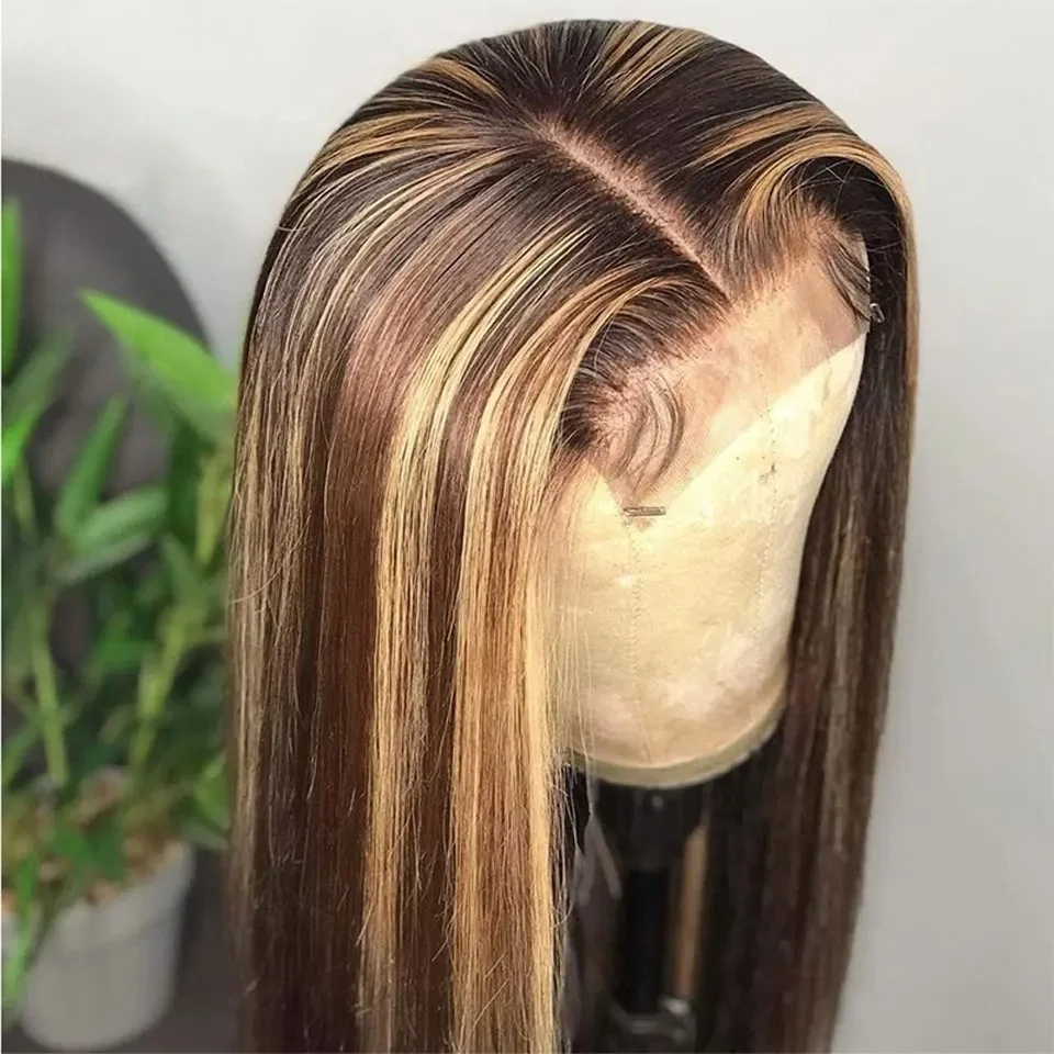 

Highlight Ombre Blonde 13X4 HD Bone Straight Lace Frontal Wig Pre Plucked Glueless Synthetic And Blend Lace Wigs Daily For Women