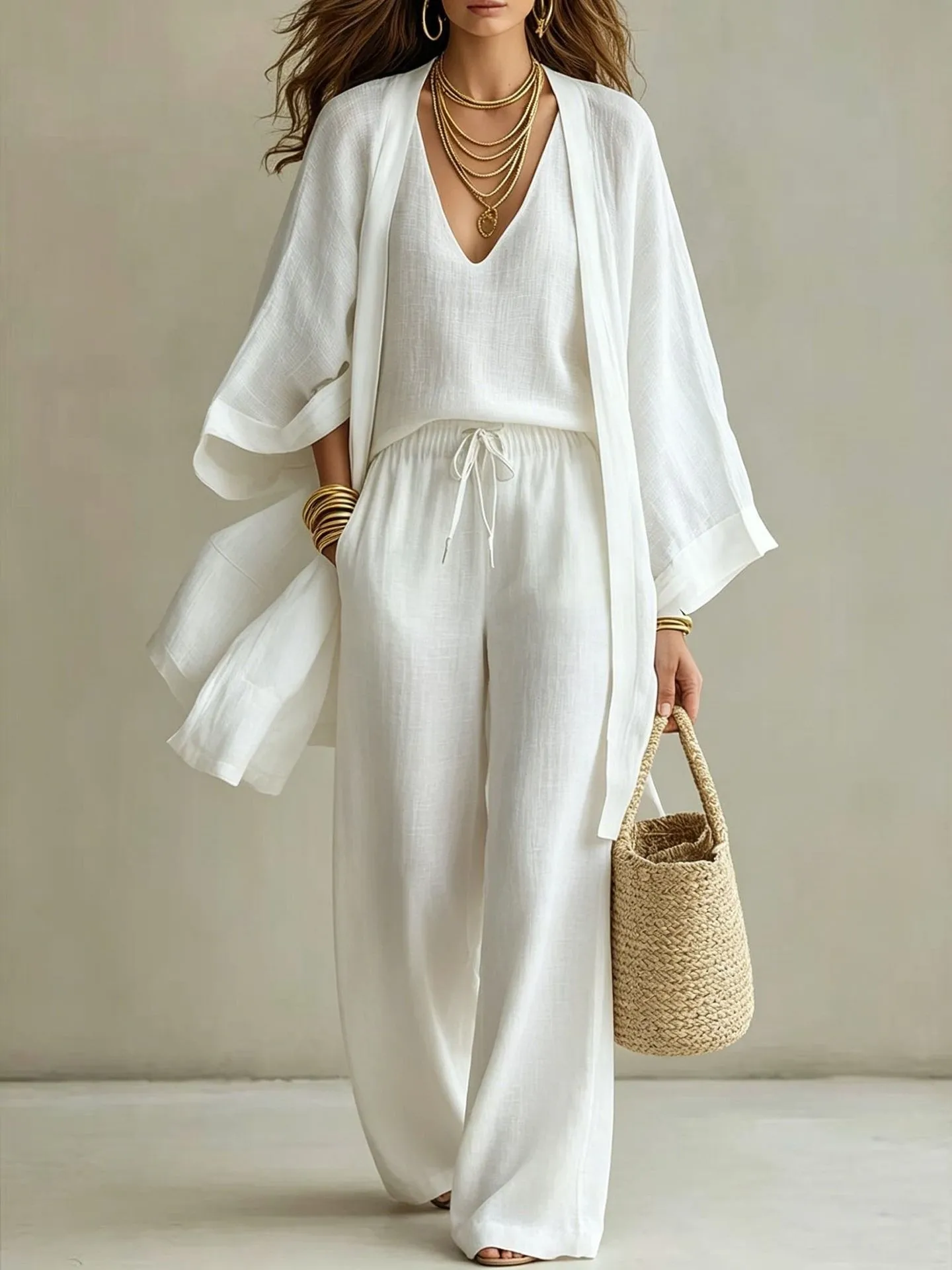 Ensemble 3 pièces pour femme, cardigan kimono, débardeur à col en V, pantalon large, costume léger et ample pour les vacances, les trajets quotidiens