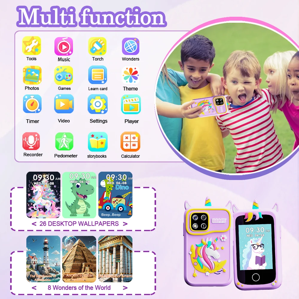 [ 4 Colors To Choose From ] Kids Puzzle Phone Toy, 1080P High-definition Camera, Music, Story, 20 Puzzle Games, Flashlight, Alar