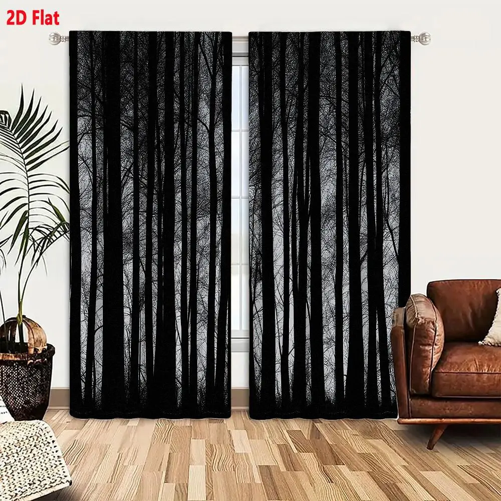 2Pcs Curtains 2D Flat Dense Forest Black And White Silhouette Trees Rhythmic Pattern Late Autumn Winter Window Drapes for Bedroo