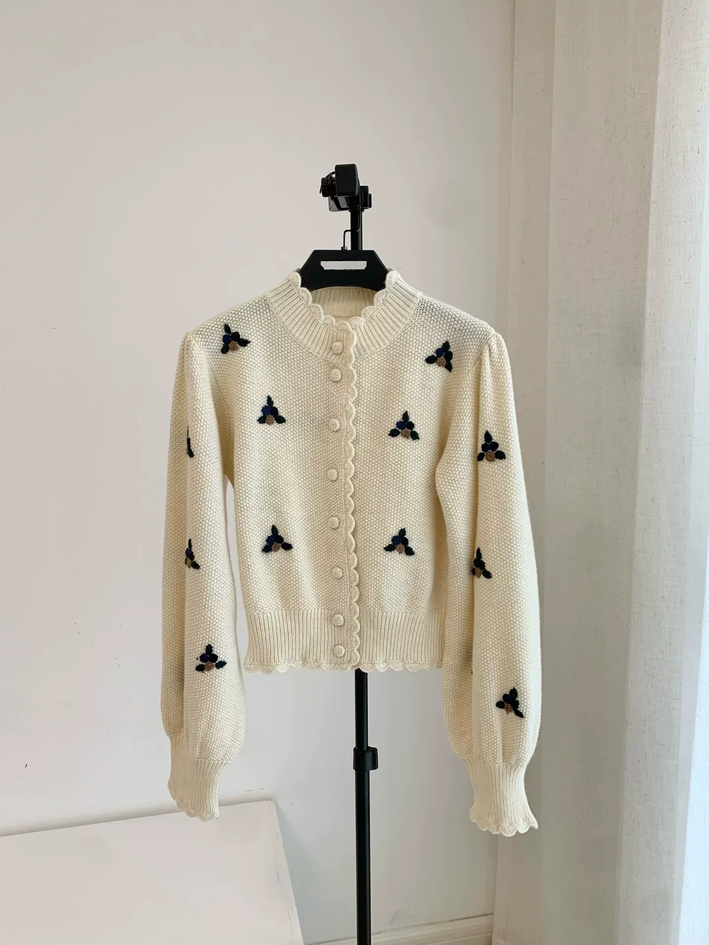 Women Hand-Embroidered Knitted Cardigan Autumn Stand Collar Single Breasted Lantern Sleeve Loose Female Sweater