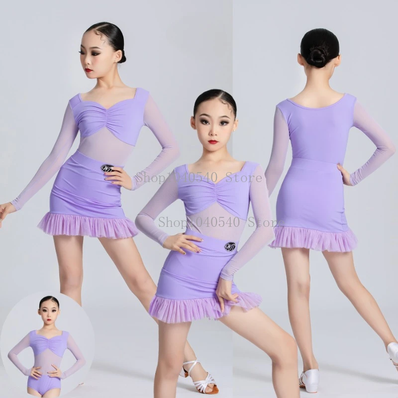 

Latin Dance Competition Dresses Girls ChaCha Performance Dancewear Mesh Bodysuit Skirt Outfit Samba Practice Wear Purple Dress