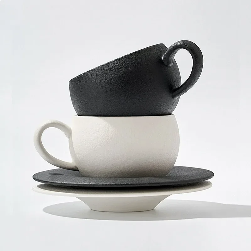 Burnt Stone Texture Matte Ceramic Coffee Cup Saucer Set Premium Exquisite Unique Design Latte Art Cup High Appearance Mug Gift