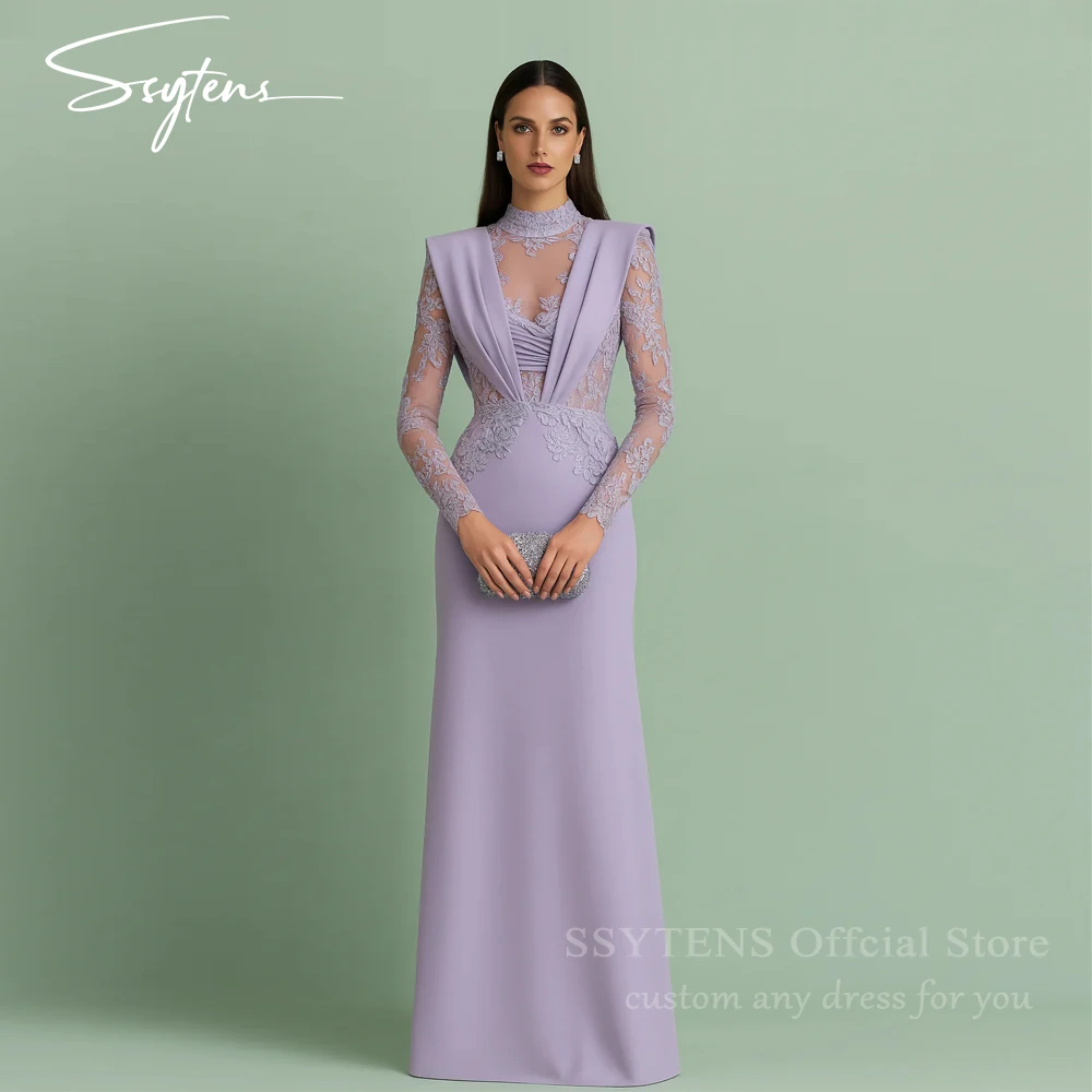 

SSYTENS Lavender Women Prom Dresses Lace Long Sleeves Formal Evening Gown Dresses High Collar Party Gown Floor Length Customized