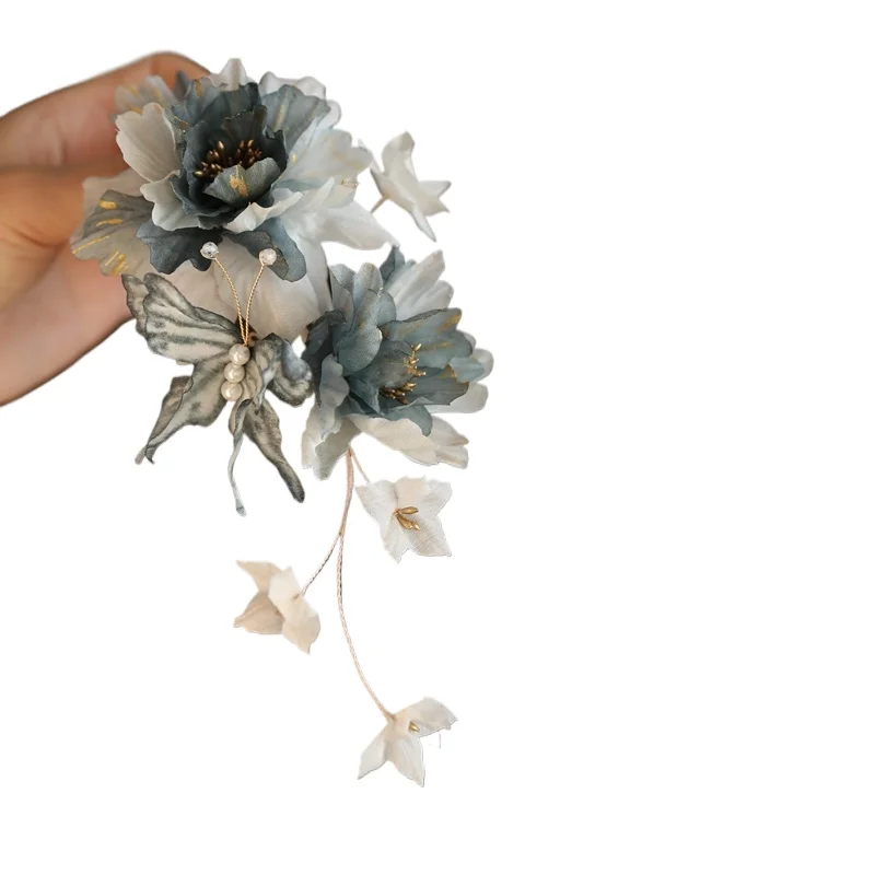 

Аксессуары для головных уборов Hanfu, шелковые гладильные чернила, синий темперамент, бабочка, античный стиль, антикварные аксессуары для волос с обратным давлением