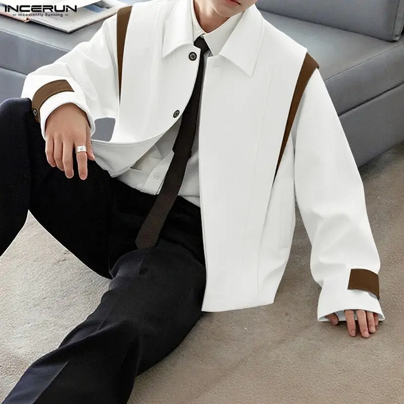 INCERUN سترات رجالية بألوان متعددة مع طية صدر السترة وأكمام طويلة وأزرار معاطف رجالية ملابس خروج فضفاضة على الطراز الكوري ملابس خارجية عصرية
