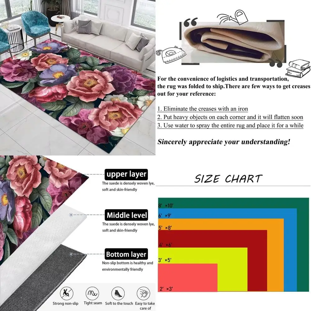 

Stylish 3D Floral Rugs for Living & Dining Rooms - Pink & Purple Modern Art Carpets with Non-Slip Floor Protection