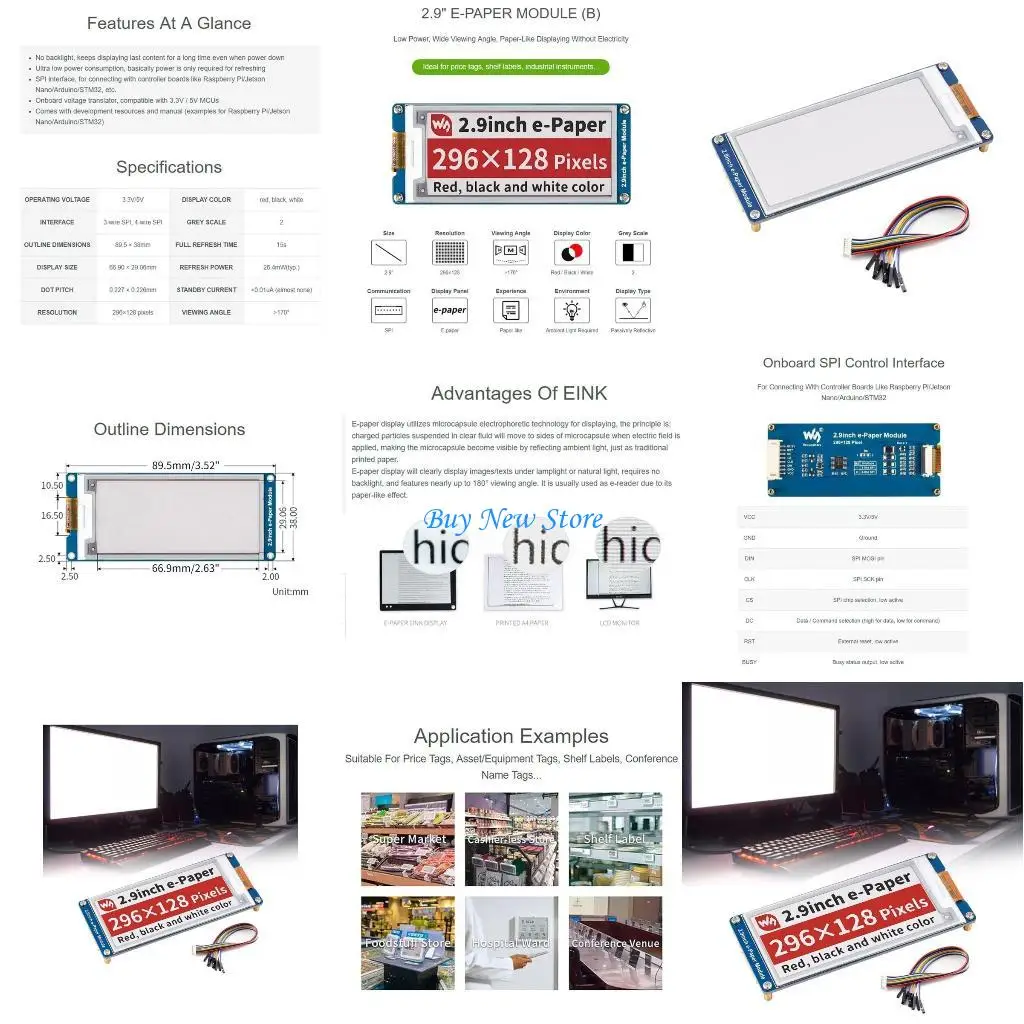 

20ce 2,9-дюймовый дисплей E-INK 2,9 "Модуль эпаперта Tri-Color Spiforraspberrypi