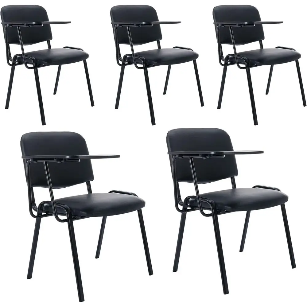 

5-Piece Black PU Leather Comfortable Office Waiting Room Stackable Chairs with Flip-Up Table for Conference, School, Classroom,