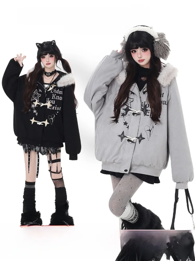 

Зимнее пальто Crazygirl Original Star Letter с отстегивающимся меховым воротником, свободного кроя, из замши и хлопка, для женщин, утепленное, в стиле Sweet Sle