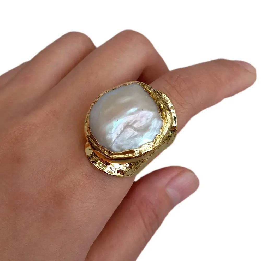 Yygem 23mm kultivierte weiße Barock perle vergoldet Fingerring verstellbare Ringe für Damen schmuck