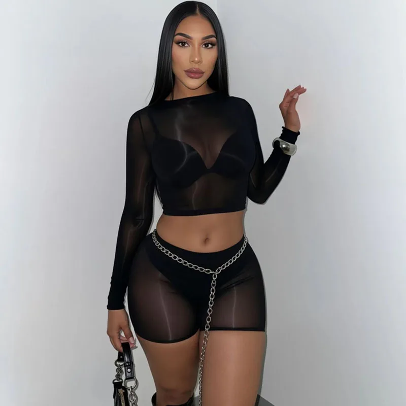 

Doyerl Mesh See Through 2 Pieces Set for Woman Sexys Outfits Rave Club Party Long Sleeve Crop Top and Shorts Conjuntos De Mujer