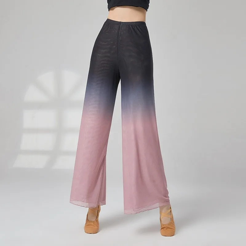 Pantalones de baile de tela de red que cambian de color para mujer, diseñados clásicamente para entrenamiento y rendimiento, estilo fluido de pierna ancha