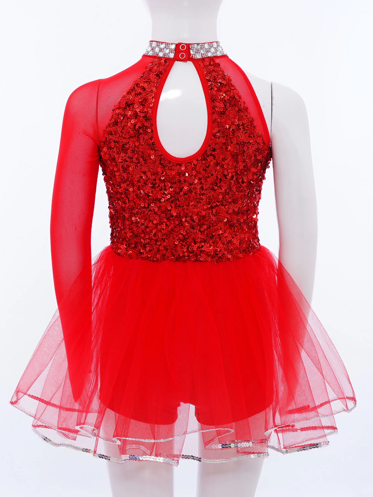 ชุดเดรสเต้นบัลเลต์แบบไหล่เดียว แขนยาว ประดับเลื่อมวิบวับ กระโปรงผ้าทูลล์ สำหรับเด็กผู้หญิง เหมาะสำหรับการเต้นแจ๊ส ฟิกเกอร์สเก็ต และยิมนาสติก