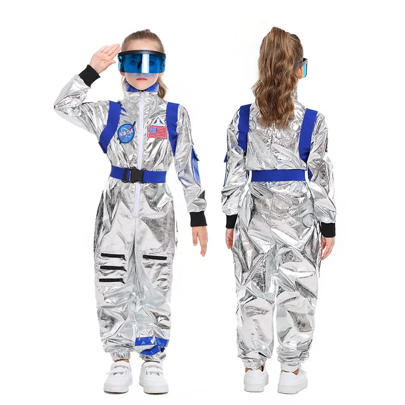 qq023 Traje espacial plateado de astronauta para niños y niñas, disfraz de astronauta de Halloween para juego de rol de piloto de la NASA para C