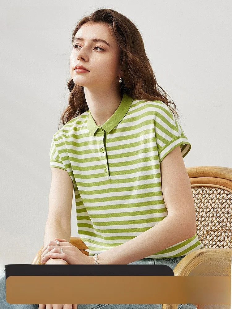 

Cboca Silk Stripe Knit Top Women's Loose ort Sve Turn-down Collar T-irt Summer Thin Upper Body Casual Commute Sle