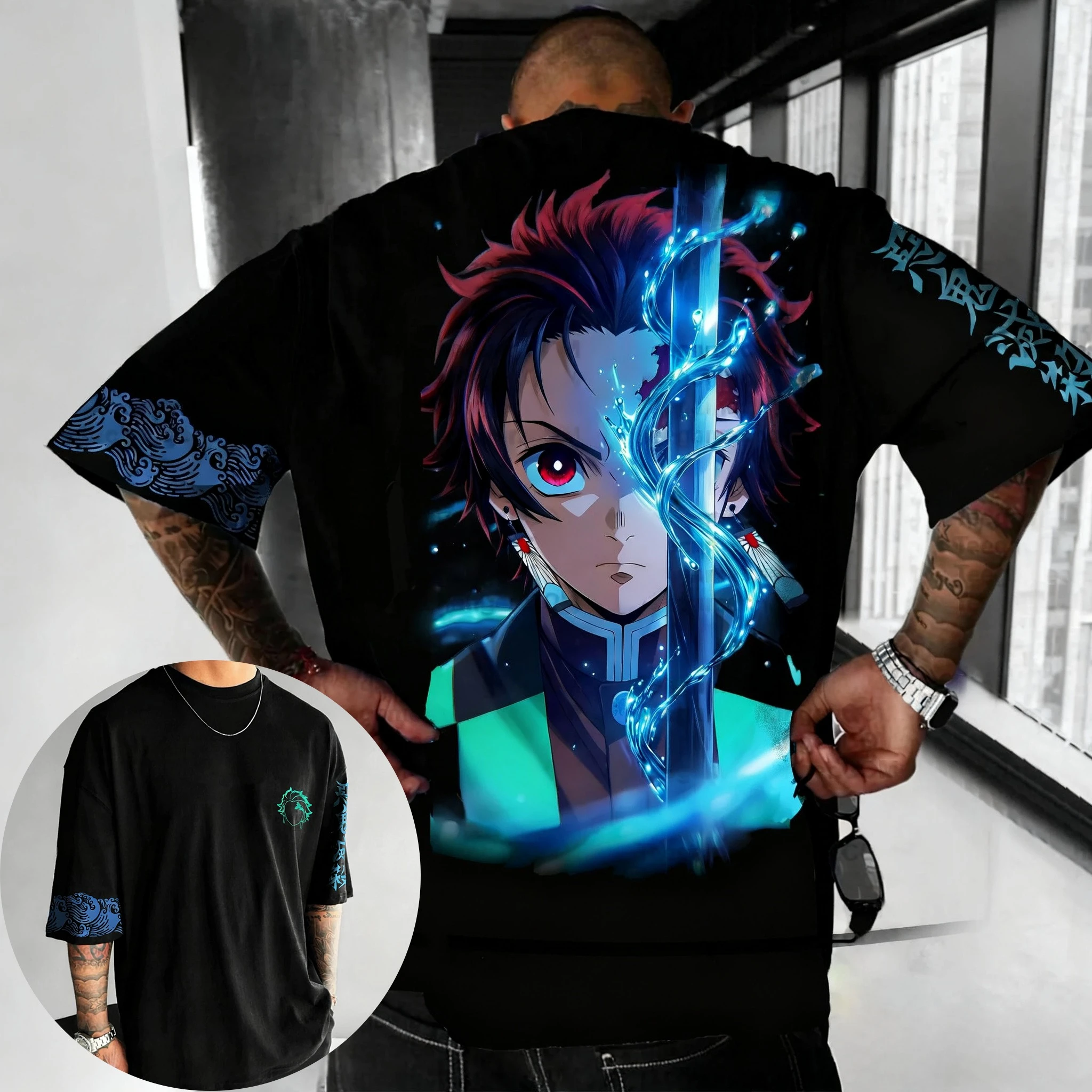 شيطان القاتل الرجال والنساء تي شيرت الصيف جديد كامادو تانجيرو أنيمي مطبوعة الشارع الاتجاه Y2K عادية فضفاض الوالدين والطفل