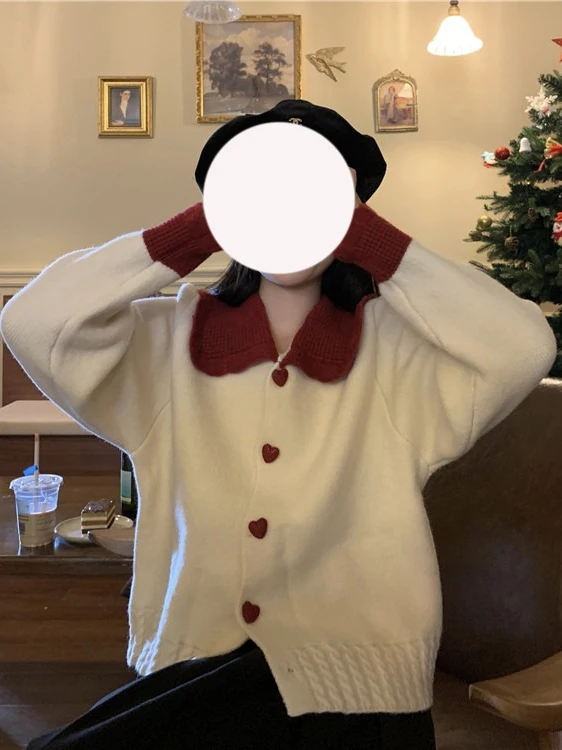 

Soft ort Knitted Cardigan Sweater Doll Collar Color Blo Women's Autumn Winter Sweet Youthful Top Breathable Loose Fit Lon...