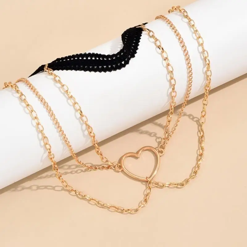 39BD Rock Leg Chain Garter Multi-layer Hollow Heart Thigh Chain Elastic Sexy Body Chain Jewelry Nightclub Party for Woman