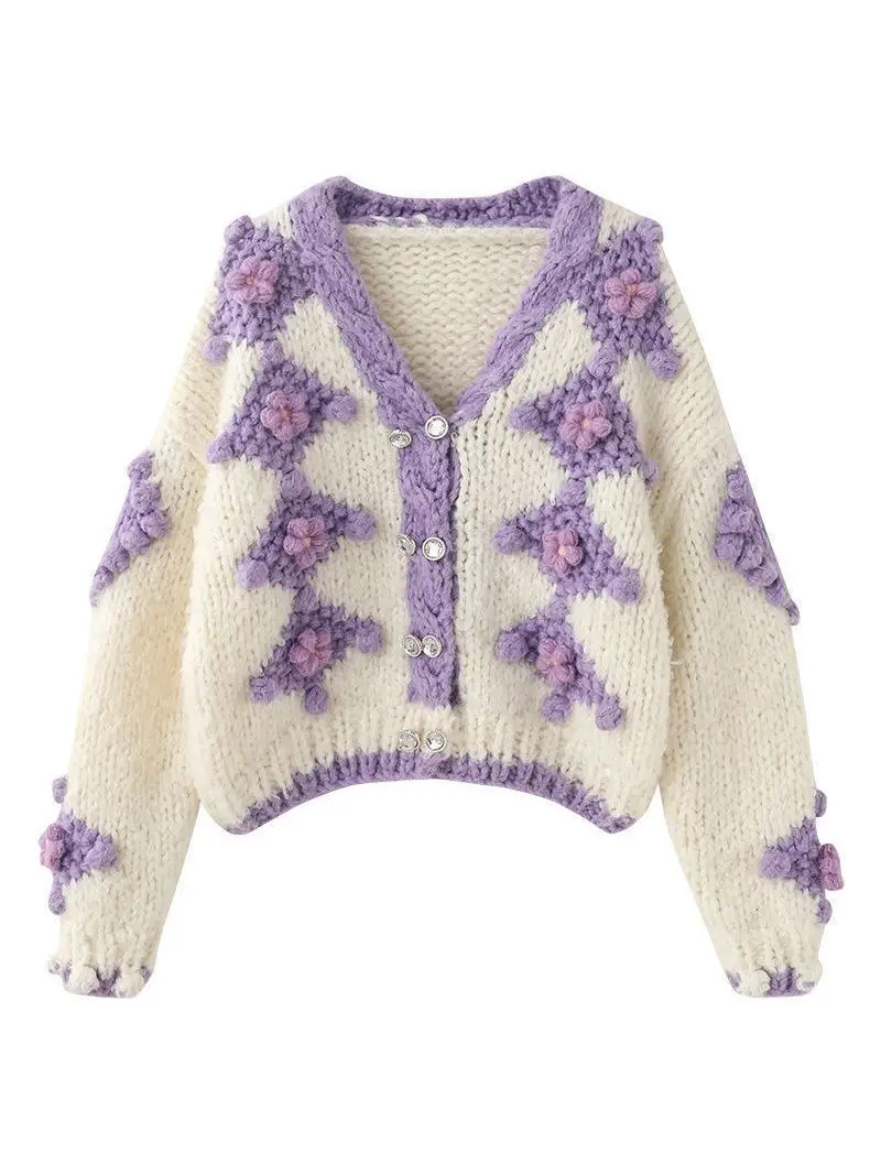 Heavy Industry Crochet Thickened Sweater Coat Women's V-neck Plaid Contrast Color Knitted Cardigan Female Sweaters Short Jacket