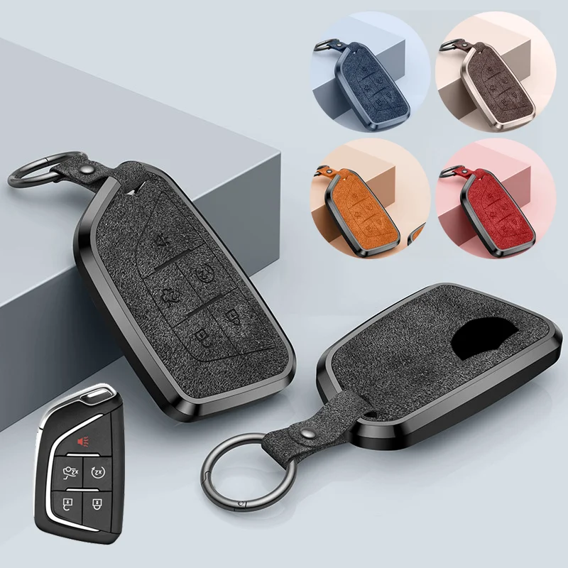 

Aluminum Alloy Leather Car Remote Smart Key Fob Case Cover Bag With Keychain For Cadillac CT5 CT6 XTS XT4 XT5 ATS ESV Escalade