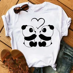 Women T Shirt Cartoon Panda Love Heart Print O-Neck T Shirt Female Summer Causal O-neck Short Sleeve Tops Tee