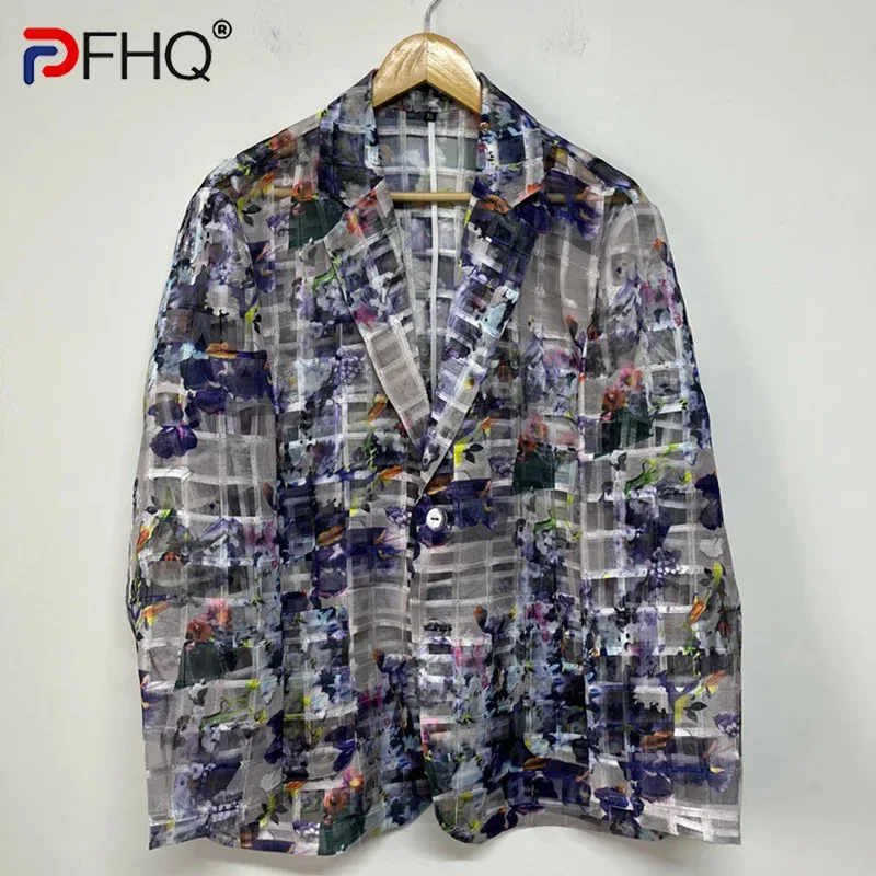 PFHQ Men's Ink Wash Plaid Embroidery Suit Jackets Perspective Summer Print Sun Protection Clothing Layered Design Blazer 21Z4411