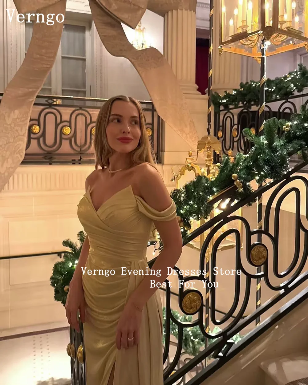 Verngo Champagne Glitteer Evening Dress Off The Shoulder Mermaid Prom Party Dress Elegant Dinnner Prom Gowns Customized