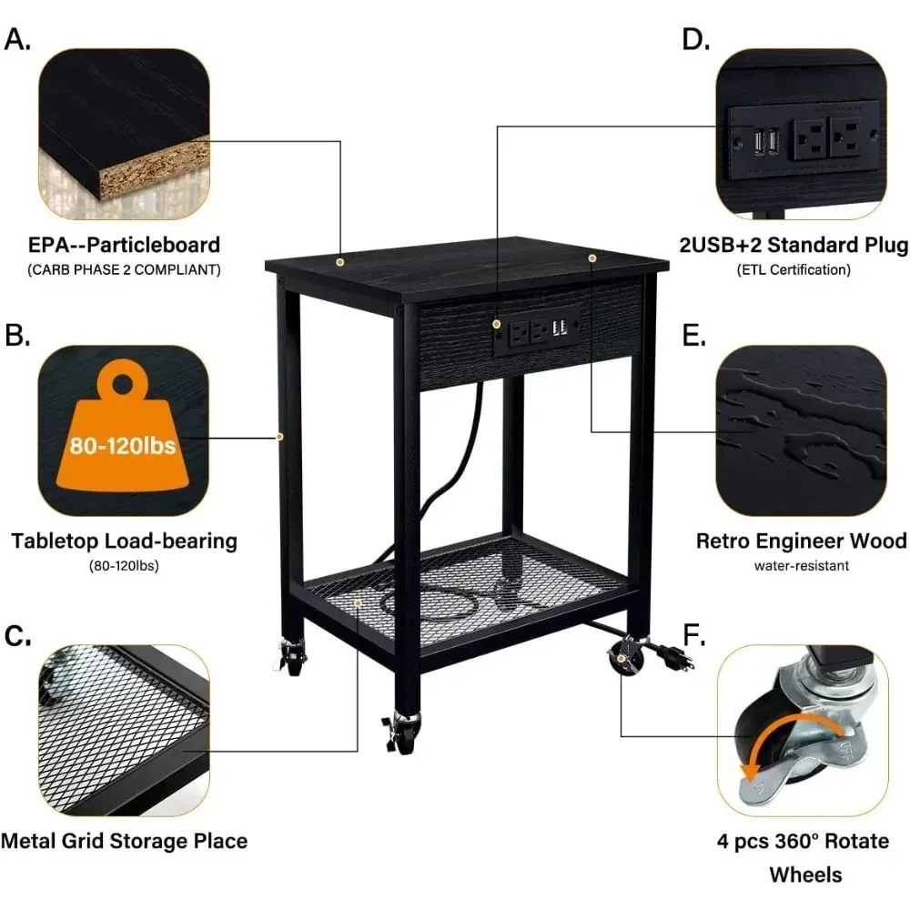 Mesa auxiliar con ruedas y estante de almacenamiento, mesita de noche para sala de estar y dormitorio, 2 unidades con estación de carga y puertos USB