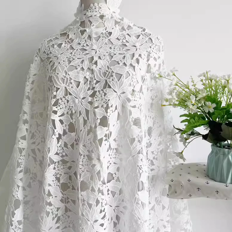 하이 퀄리티 밀크 실크 레이스 티슈, 수용성 중공 잎 패치워크, 고급 원피스 치파오 원단