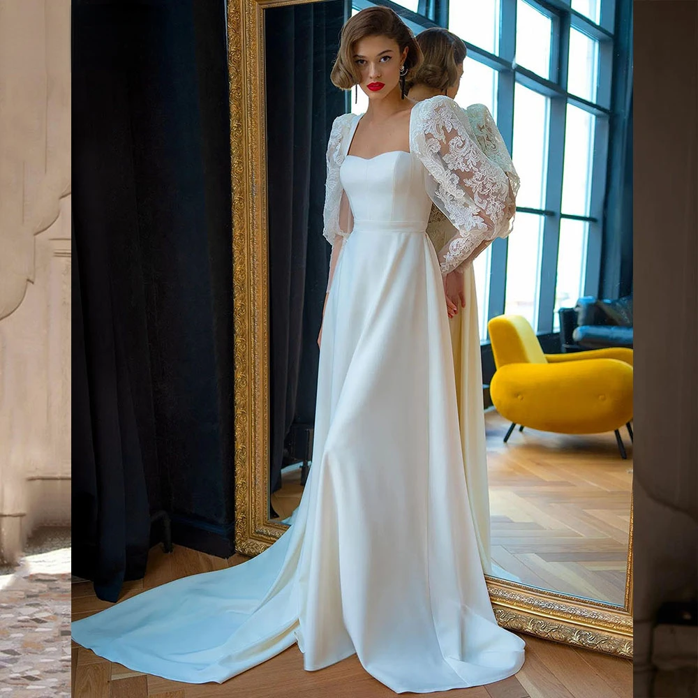 

2023 White Wedding Dresses Satin Bridal Gowns Elegant Lace Applique Puff Long Sleeves A Line Boho Beach Bride vestido de novia