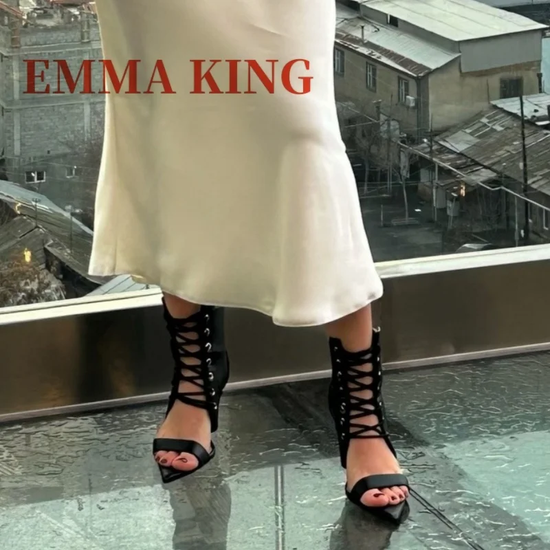 

Black Lace Up High Heel Sandals Women Open Pointed Toe Stiletto Heel Ankle Boots Front Lace Up Party Pumps 35-44