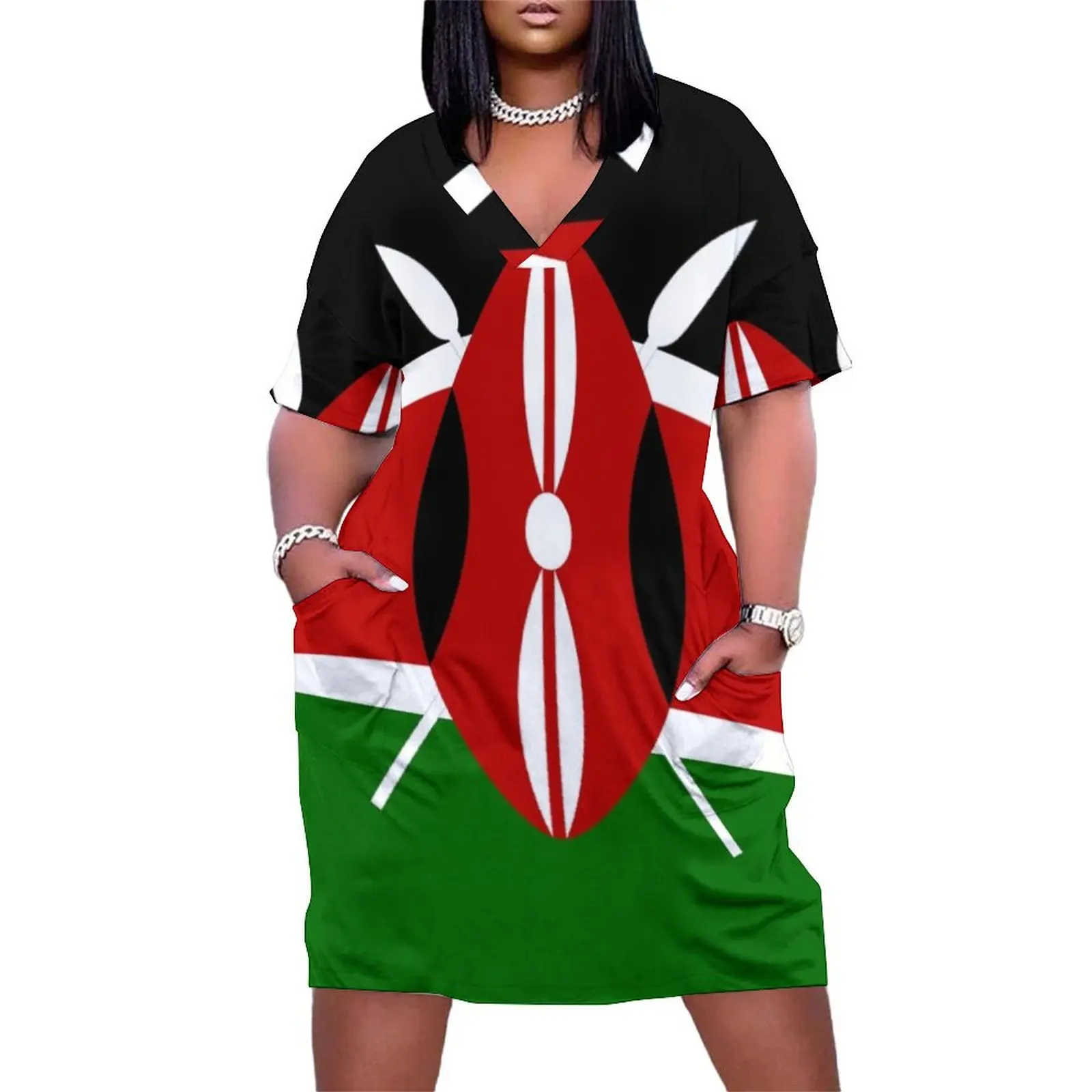 Kenya Flag T-Shirt - Kenyan Nairobi Sticker Loose Pocket Dress summer women