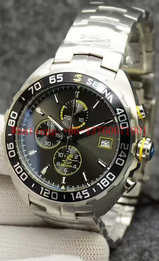 Luxury New Mens Quartz Chronograph Watch Black Ceramic Bezel Stopwatch Stainless Steel Luminous Sapphire 44mm