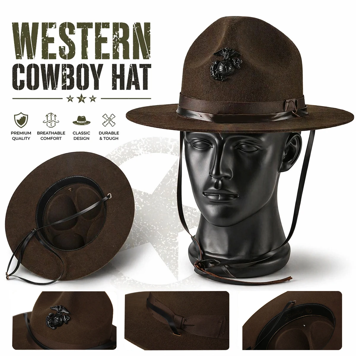 

Western Cowboy Style Woolen Hat US Marine Corps WW2 Military Cap Men’s Broad Brim Instructor Hat WWII Army Tactical Headgear