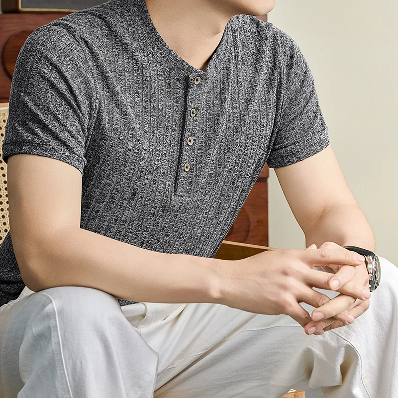 Herren Henley-Kragen Vertikal Geripptes Kurzarm-Strick-T-Shirt Lässige Oberteile Dehnbar Atmungsaktiv Knitterfrei Sommerkleidung – Detail 3