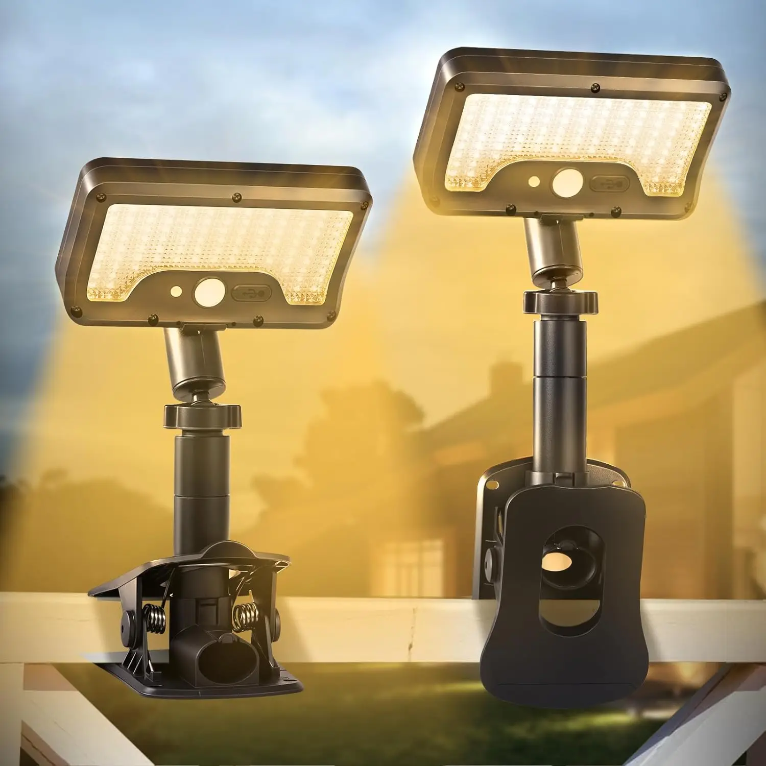 360° Rotatable Solar Motion Sensor Lights Outdoor Vertically Adjustable 4 Modes Waterproof Fence Clip-on LED Lamp for Camping