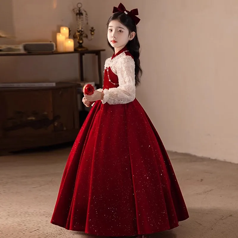 

Красное платье для девочек для ведущих, весенне-осеннее платье принцессы с цветочным узором для девочек на день рождения, детский костюм для выступлений на фортепиано