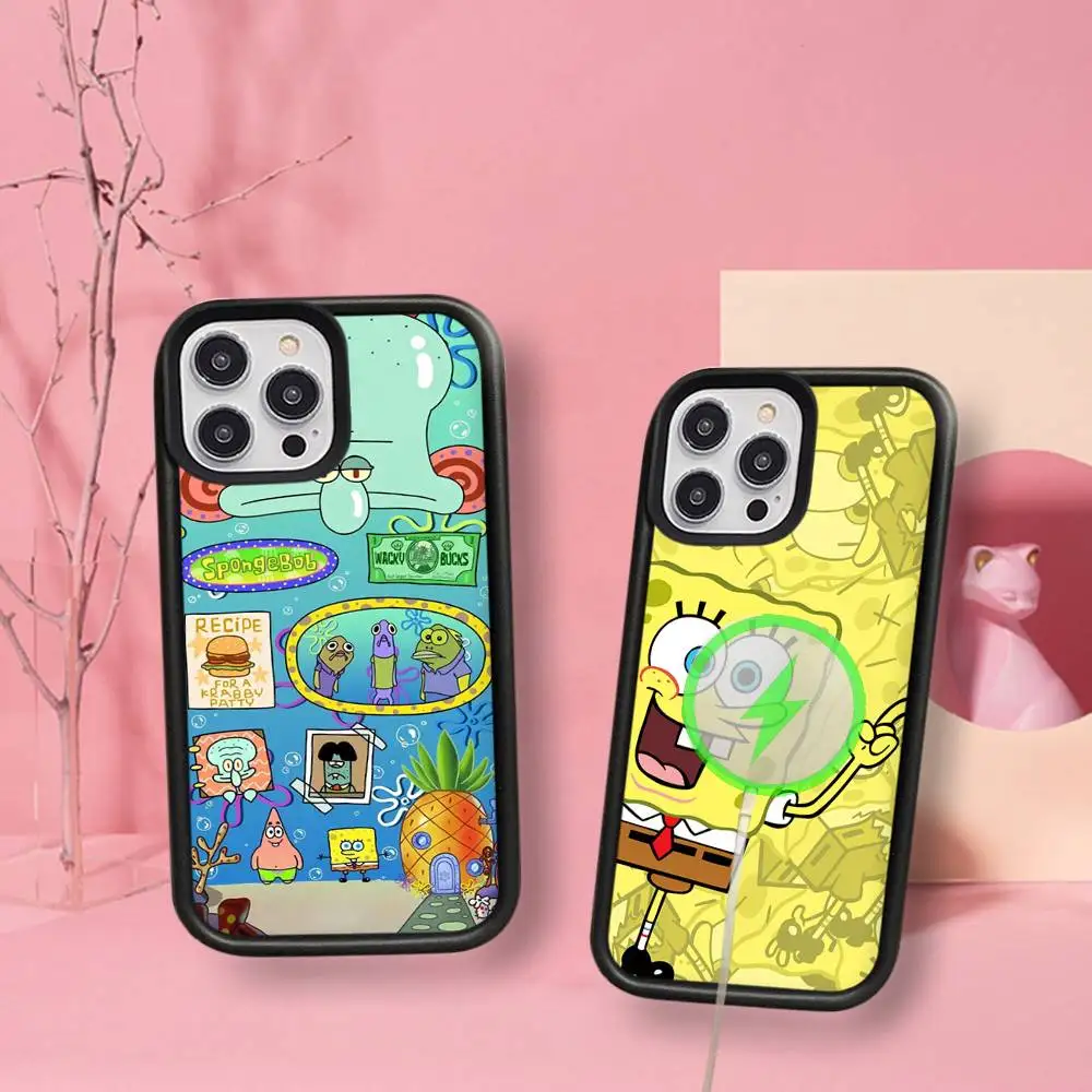 Klassische Cartoon S-Spongebob Handyhülle für iPhone 17 Air 16 15 14 13 12 11 Pro Max Plus für Magsafe Kabelloses Laden Cover