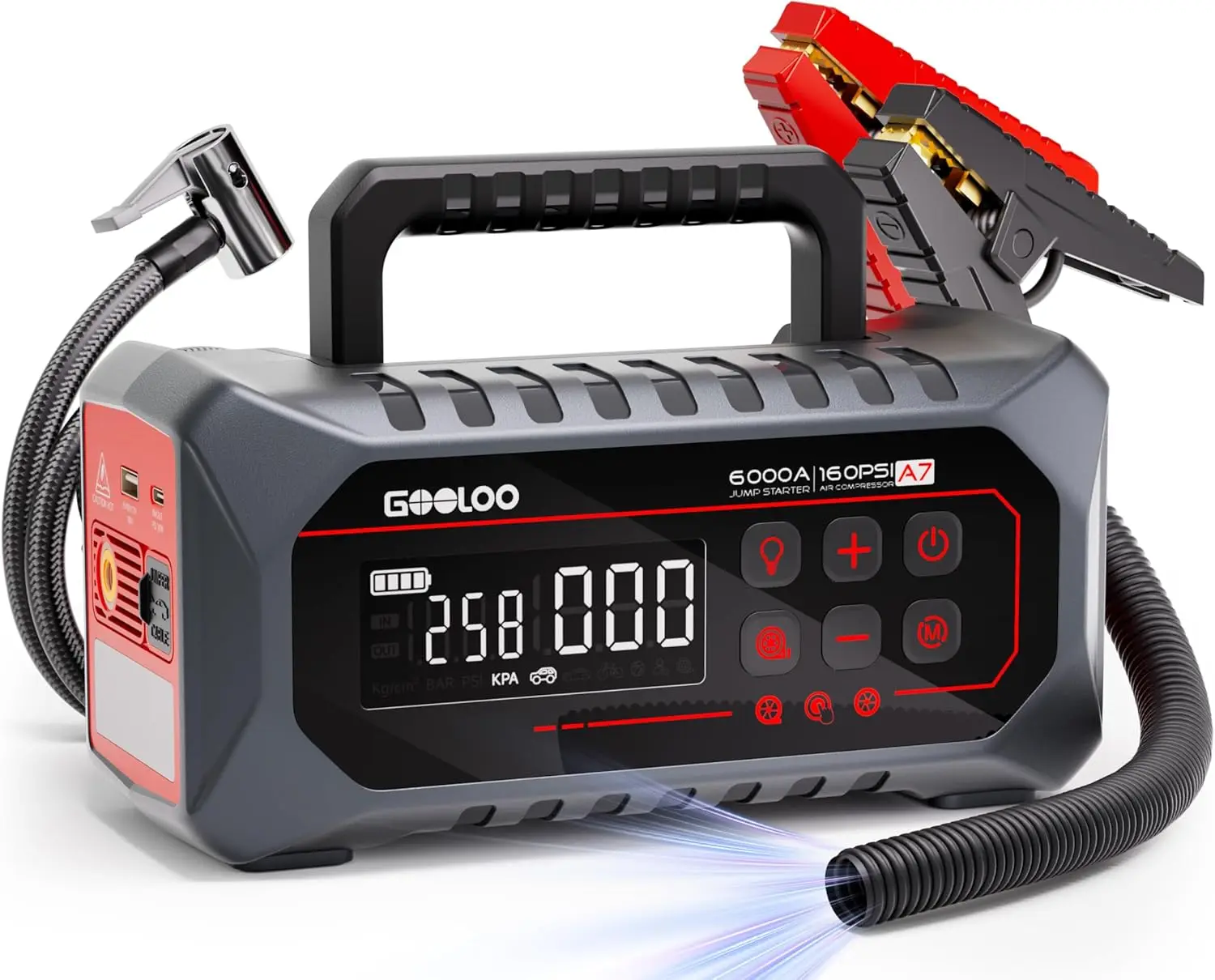

6000A 12V Car Jump Starter with 160PSI Air Compressor, Portable Booster Pack for All Gas & 10L Diesel Vehicles