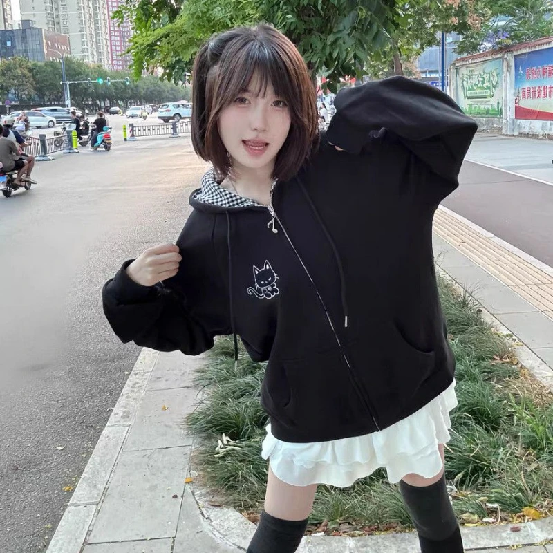 Japanese Cartoon Print Hoodies Women Harajuku Vintage Zipper Plaid Patchwork Sweatshirt Grunge Pocket Streetwear Y2k Aesthetic