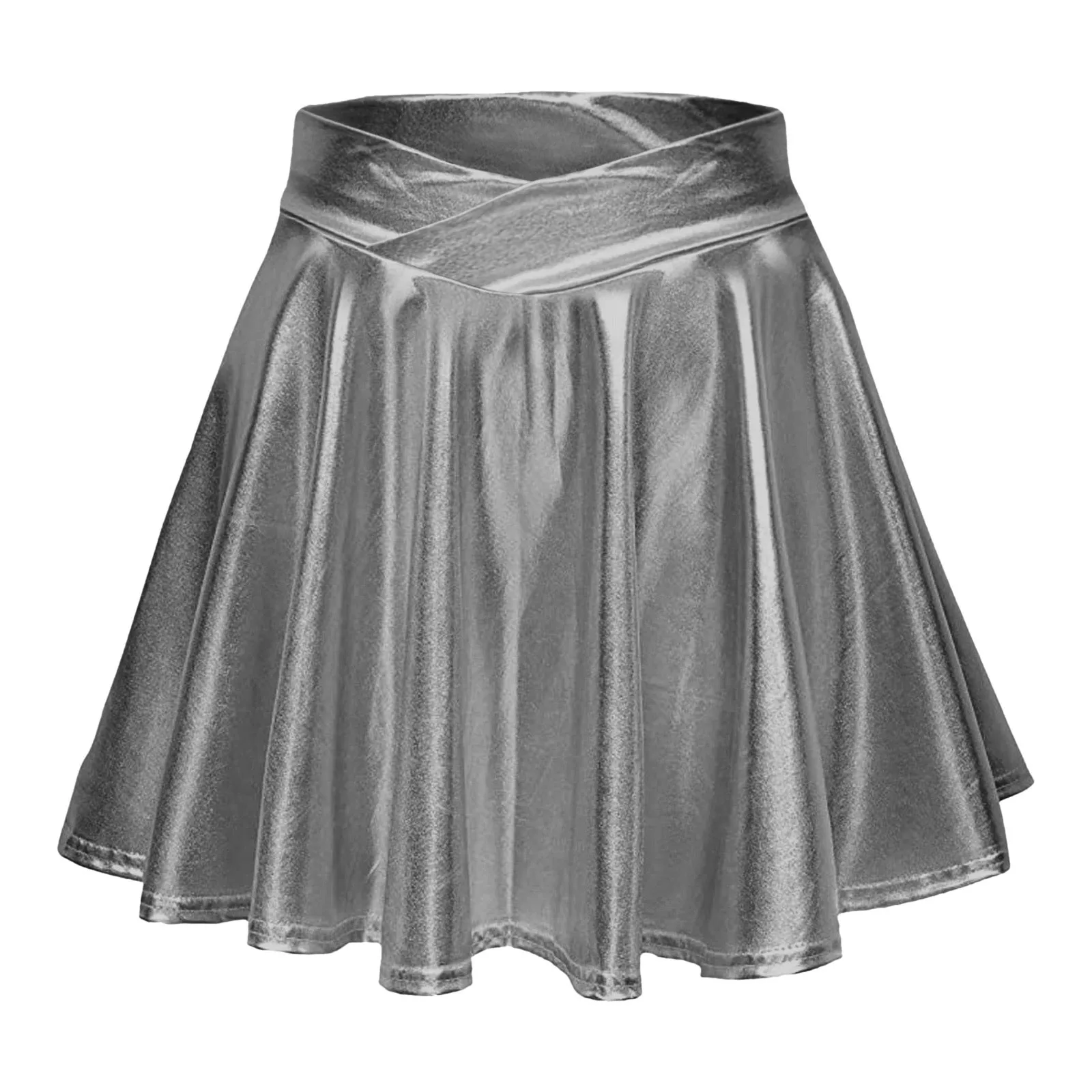 Dames Mode Hoge Taille Geplooide Effen Kleur Korte Rok Losse Rok Metallic Skater Rok Sprankelende Glanzende Uitlopende Scharnier Rok