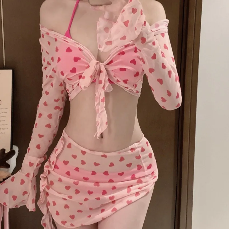 مثير القلب بيكيني مطبوع مجموعة النساء ملابس السباحة شيك أربع قطع بسيطة أزياء الإناث ملابس عطلة الاستحمام بحر